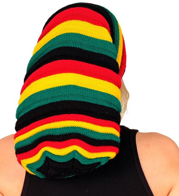 Hoed tam rasta van achteren met brede gebreide ringen in rood, geel, groen en zwart