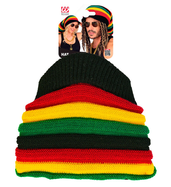 Hoed tam rasta van boven gezien met horizontale rastastrepen en verpakkingskaart