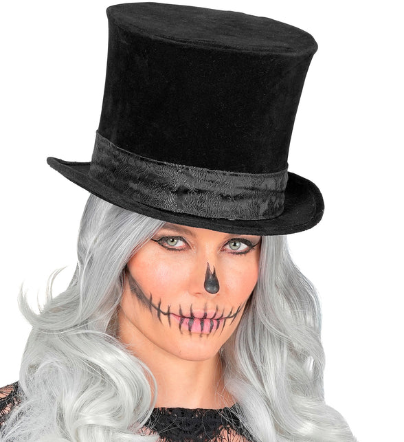 Hoge hoed bel kroon fluweel zwart in een Halloweenlook met skeletschmink