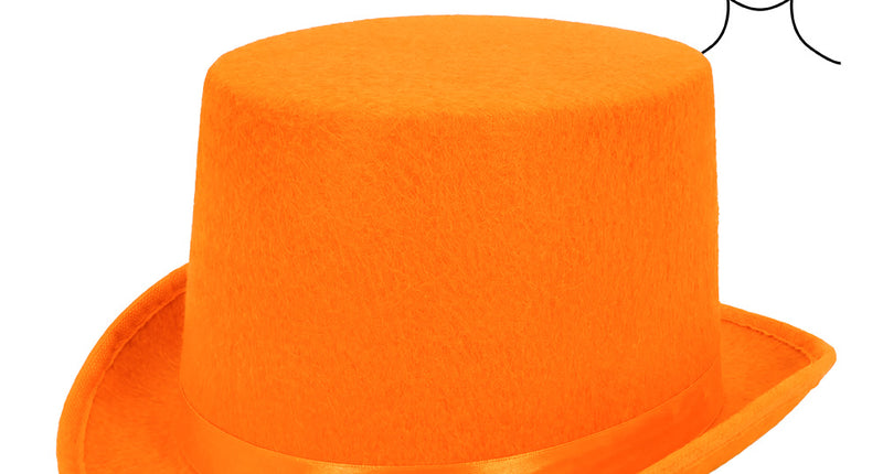 Hoge hoed Colin oranje van vilt met glanzende band, schuin van voren, hoofdomtrek 59 cm, voor Koningsdag