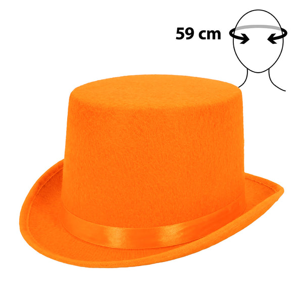 Hoge hoed Colin oranje van vilt met glanzende band, schuin van voren, hoofdomtrek 59 cm, voor Koningsdag