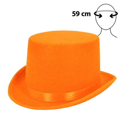 Hoge hoed Colin oranje van vilt met glanzende band, schuin van voren, hoofdomtrek 59 cm, voor Koningsdag