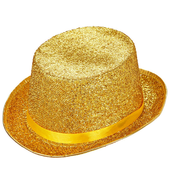 Hoge hoed goud glitter lurex met satijnen band en opgerolde rand voor carnaval