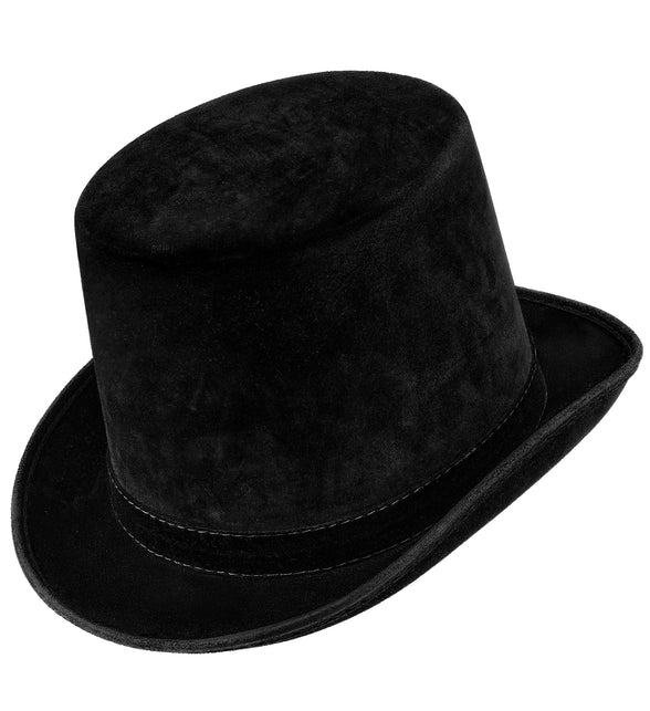Hoge hoed vintage suede zwart met gestikte sierband en omgeslagen rand, schuin vooraanzicht