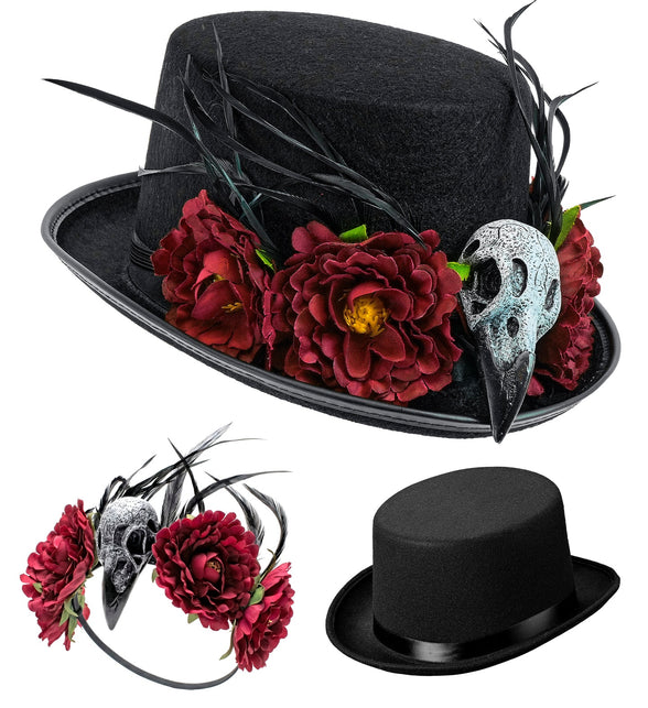 Hoge hoed voodoo zijaanzicht met snavelschedel tussen rode bloemen en opstaande veren