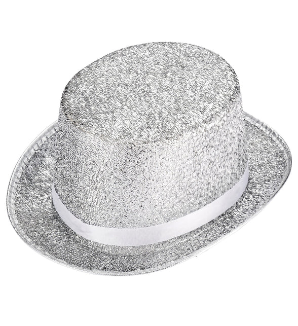 Hoge hoed zilver glitter lurex met witte band en omgeslagen rand, zilverkleurig glitterweefsel