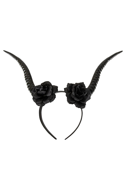 Hoofdband met hoorns zwart met twee lange geribbelde hoorns en zwarte stoffen rozen op een smalle beugel