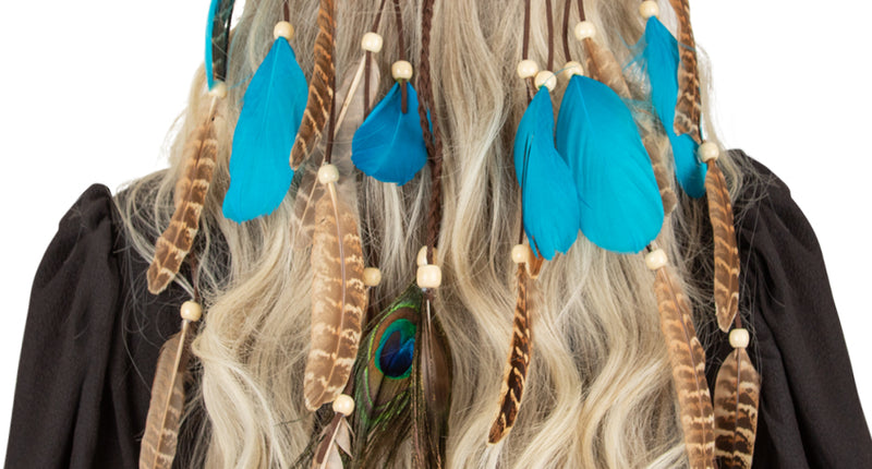 Hoofdband Lanzarote met veren, achterkant met turquoise en bruine veren, kralen en pauwenveer