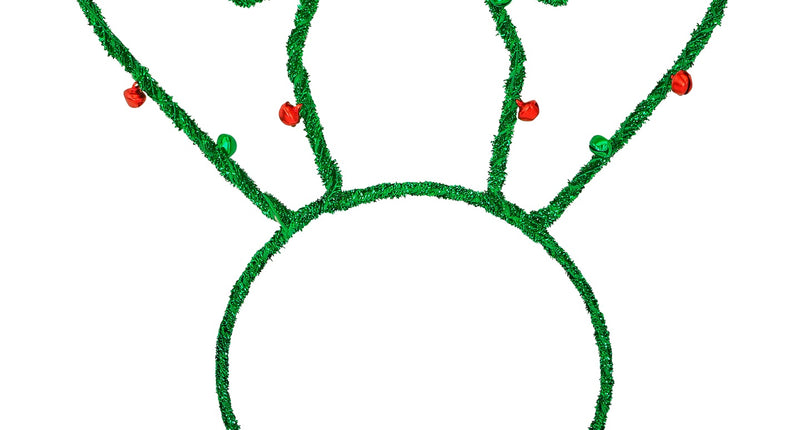 Hoofdband rendier groen met glitterdraad gewei en rode en groene belletjes voor Kerst