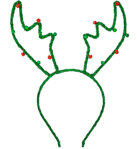 Hoofdband rendier groen met glitterdraad gewei en rode en groene belletjes voor Kerst