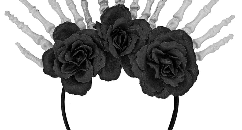 Hoofdband skelet handen met drie zwarte stoffen rozen op een smalle zwarte beugel