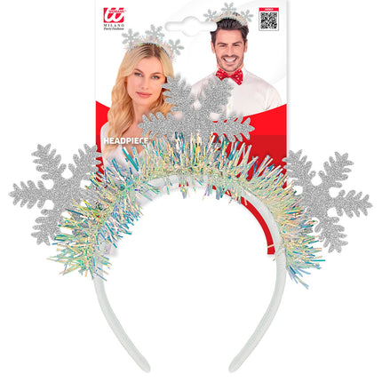 Hoofdband sneeuwvlokken glitter Bram in de verpakking van Widmann, zilveren vlokken op witte band