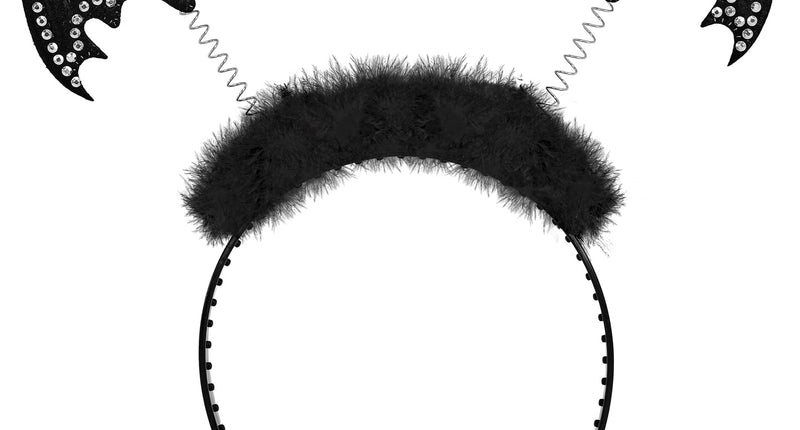 Hoofdband vleermuis strass Anouk zwart met twee vleugels op veertjes en donzige rand voor Halloween