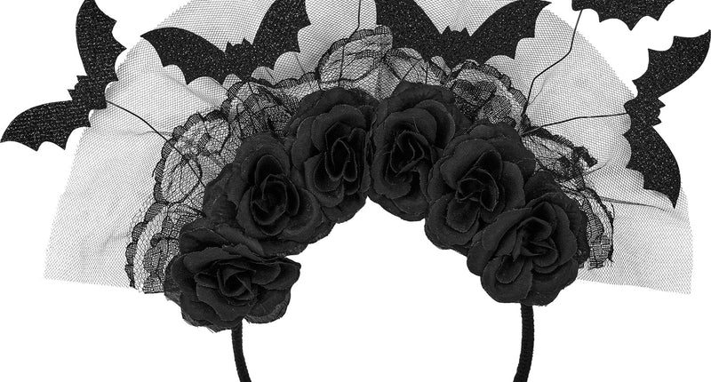 Hoofdband vleermuizen en zwarte rozen Mees met zwart tule, kanten bladmotieven en zes glitter vleermuizen
