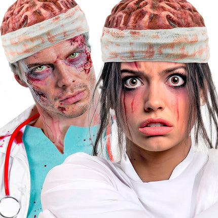 Hoofddeksel brein gedragen door twee modellen met zombieschmink voor Halloween