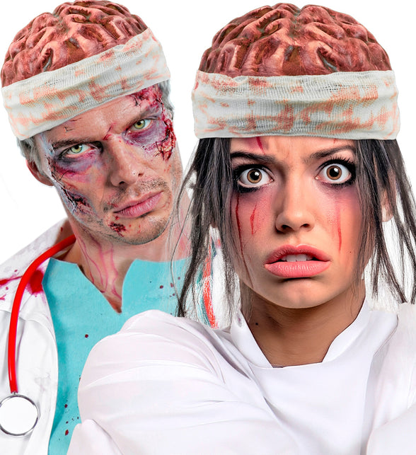 Hoofddeksel brein gedragen door twee modellen met zombieschmink voor Halloween