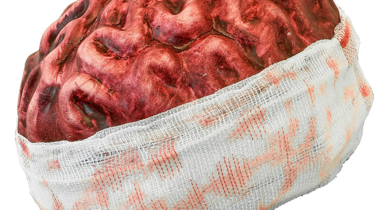 Hoofddeksel brein in roodbruin EVA-schuim met witte gaasrand, schuin vooraanzicht