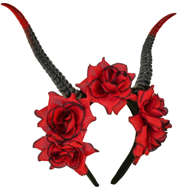 Hoofddeksel met hoorns en rode rozen, zwart-rode gebogen hoorns op haarband met stoffen rozen