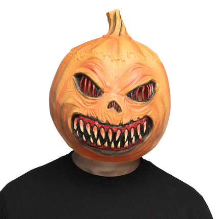 Hoofdmasker Pumpkin monster gedragen, pompoenkop met rode ogen en spitse tanden voor Halloween