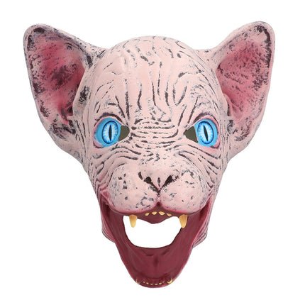 Horror cat hoofdmasker van voren met gerimpelde roze huid, grote oren en gele hoektanden