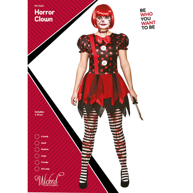 Horror clown jurkje dames op de verpakking van Wicked Costumes, met rode bretel en witte knopen