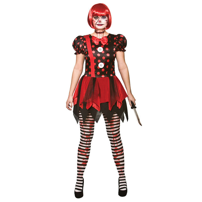 Horror clown jurkje dames in zwart met rode stippen, rode strik en gepunte tule rok voor Halloween