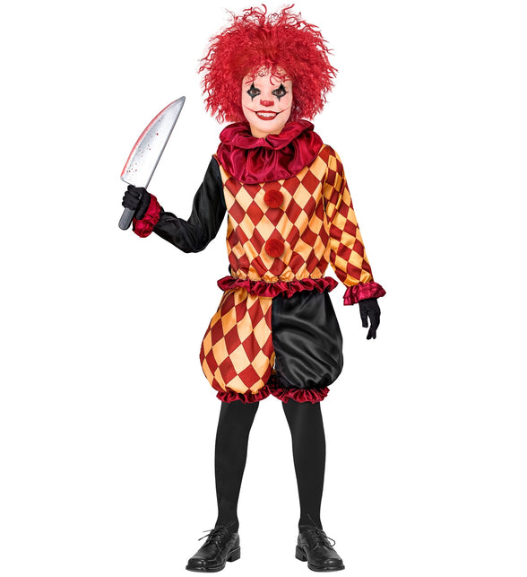 Horror clown kostuum Lars jongens met rood-goud geruite jas, rode pompons en geplooide kraag voor Halloween