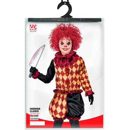 Horror clown kostuum Lars in verpakking met jas, geplooide kraag en broek in kindermaten