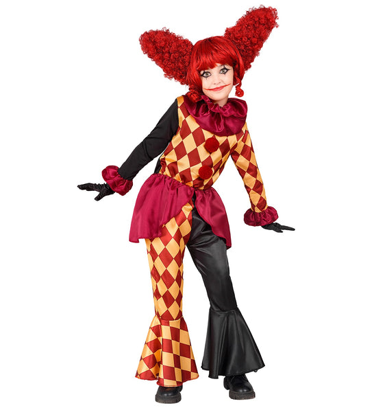 Horror clown kostuum Sara meisjes met rood-geel ruitpatroon en bordeaux plooikraag voor Halloween