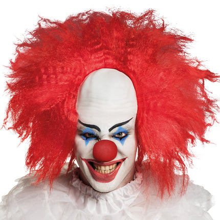 Horror clown look met wit geschminkt gezicht, blauwe oogaccenten en rode neus voor Halloween