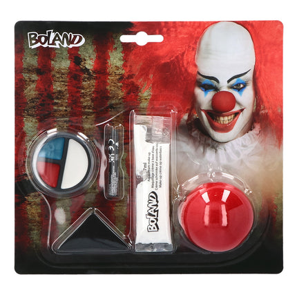 Horror clown schminkset met rode clownsneus, driekleurig schminkpotje, zwarte stick, witte aquacrème en sponsje op kaart