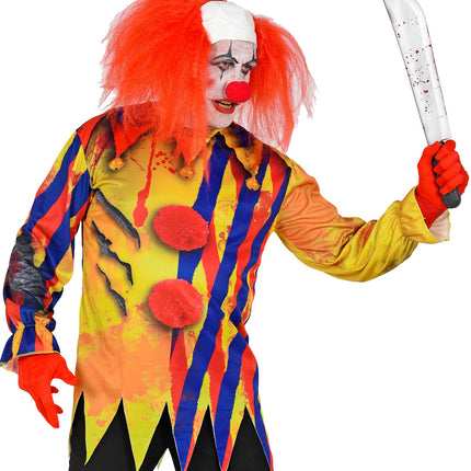Horror clown shirt psycho met nagemaakte scheuren en gouden belletjes op de kraag