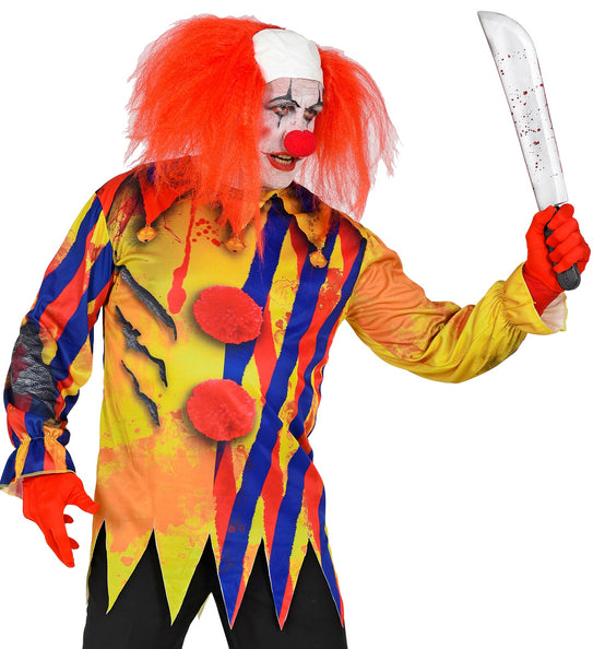 Horror clown shirt psycho met nagemaakte scheuren en gouden belletjes op de kraag