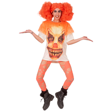 Horror clownsshirt met pluizige oranje schouderkraag, gecombineerd met oranje krullenpruik