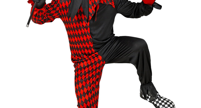 Horror harlekijnspak griezel met rood-zwarte ruitjumpsuit, skeletmasker en narrenhoed voor Halloween