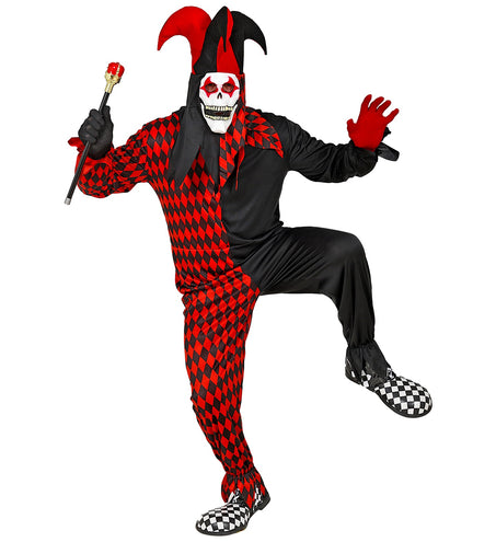 Horror harlekijnspak griezel met rood-zwarte ruitjumpsuit, skeletmasker en narrenhoed voor Halloween