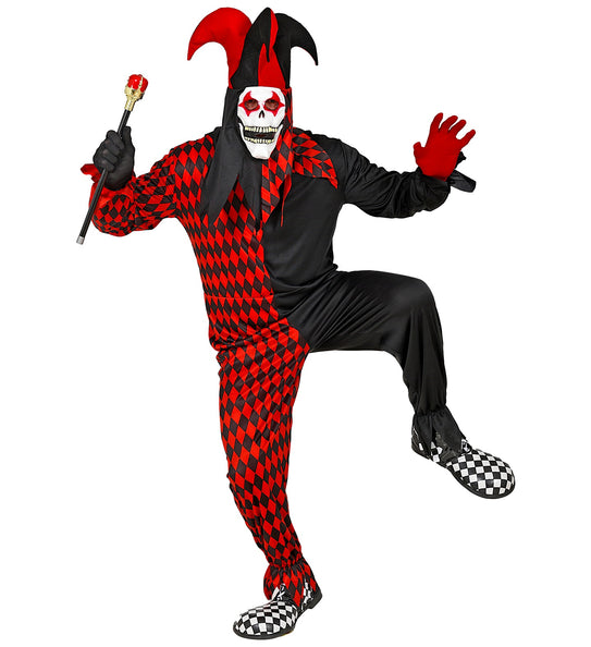 Horror harlekijnspak griezel met rood-zwarte ruitjumpsuit, skeletmasker en narrenhoed voor Halloween