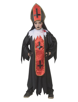 Horror paus pak Francus kinderen: zwarte mantel met rode stola, omgekeerde kruizen en rode mijter voor Halloween