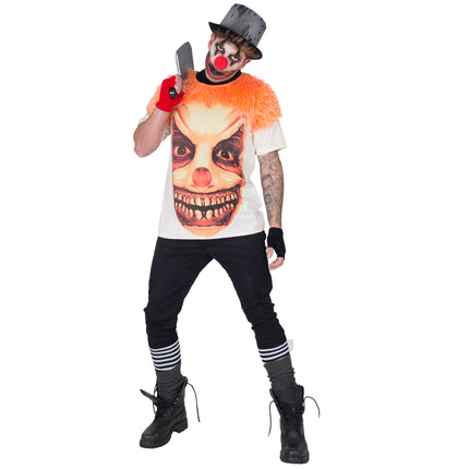 Horror t-shirt clown Barry in wit met grote clownsprint en oranje bontkraag, voor Halloween