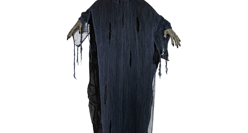 Horrorclown decoratie 280 cm met rood oplichtende ogen, gele tanden en gerafeld donkerblauw gewaad voor Halloween