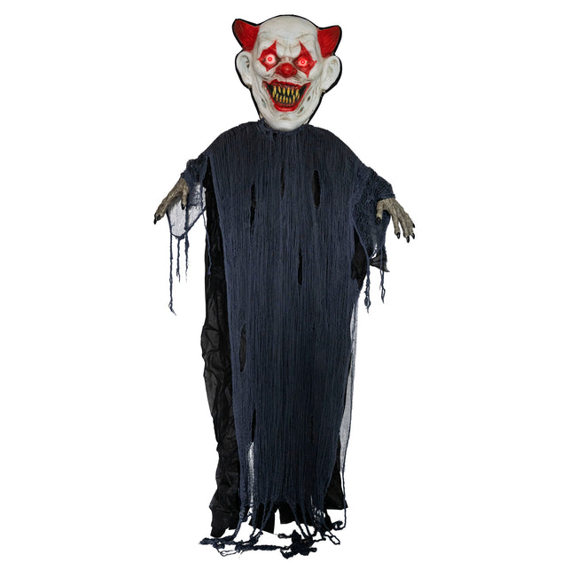 Horrorclown decoratie 280 cm met rood oplichtende ogen, gele tanden en gerafeld donkerblauw gewaad voor Halloween