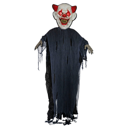 Horrorclown decoratie 280 cm met rood oplichtende ogen, gele tanden en gerafeld donkerblauw gewaad voor Halloween