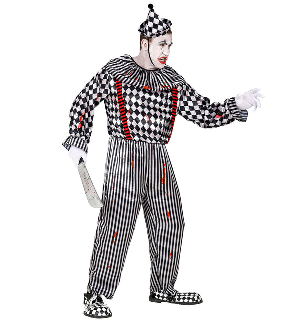 Horrorclown jumpsuit met ruitmotief bovenstuk en rood-zwarte bretels, zijaanzicht