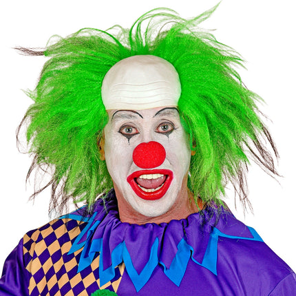 Horrorclown pruik groen met pluizig haar tot in de nek op een griezelige clownslook