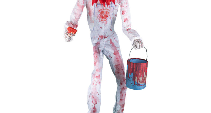 Horrorclown met verfpot 213 cm, staande halloweenpop in bebloede witte overall met verfemmer