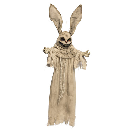 Horrorkonijn Hell bunny met gerafelde kraag en vlekkerig beige gewaad als halloweendecoratie
