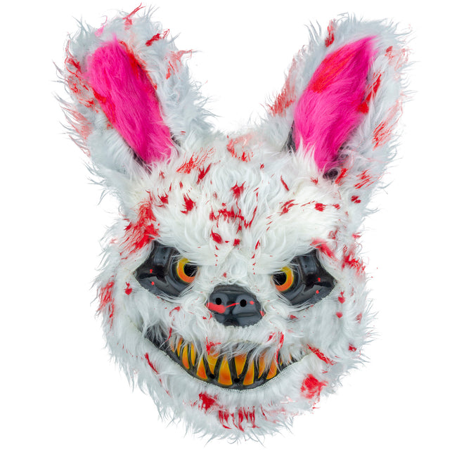 Horrorkonijn masker wit pluche met rode bloedspatten, roze oren en oranje hoektanden voor Halloween