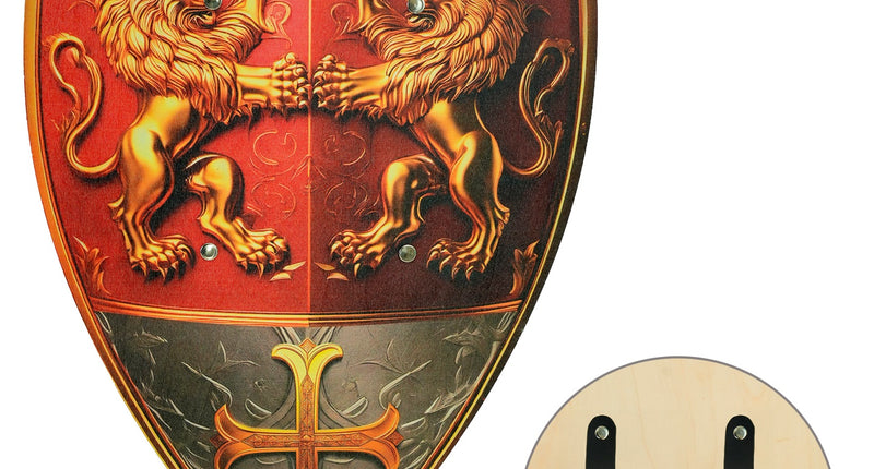 Houten ridderschild Lionheart rood met twee gouden leeuwen en achterkant met zwarte handgrepen