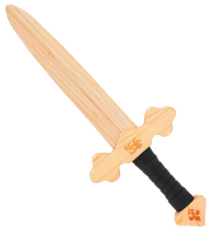 Houten ridderzwaard van 41 cm met blanke kling, zwart omwikkelde greep en gouden leeuw op de pareerstang