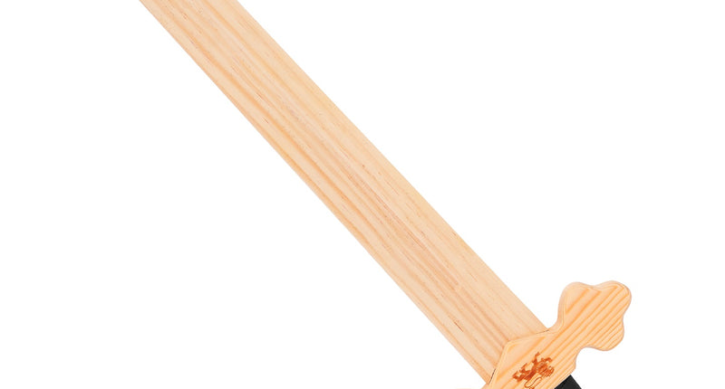 Houten ridderzwaard 60 cm met zwart omwikkelde greep en leeuwtje op het gevest